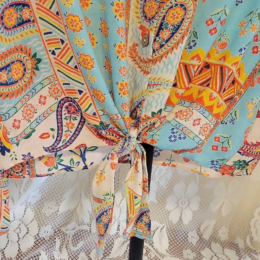 Rose & Olive Multicolor Paisley Tie-Front Blouse - Picture 3 of 5